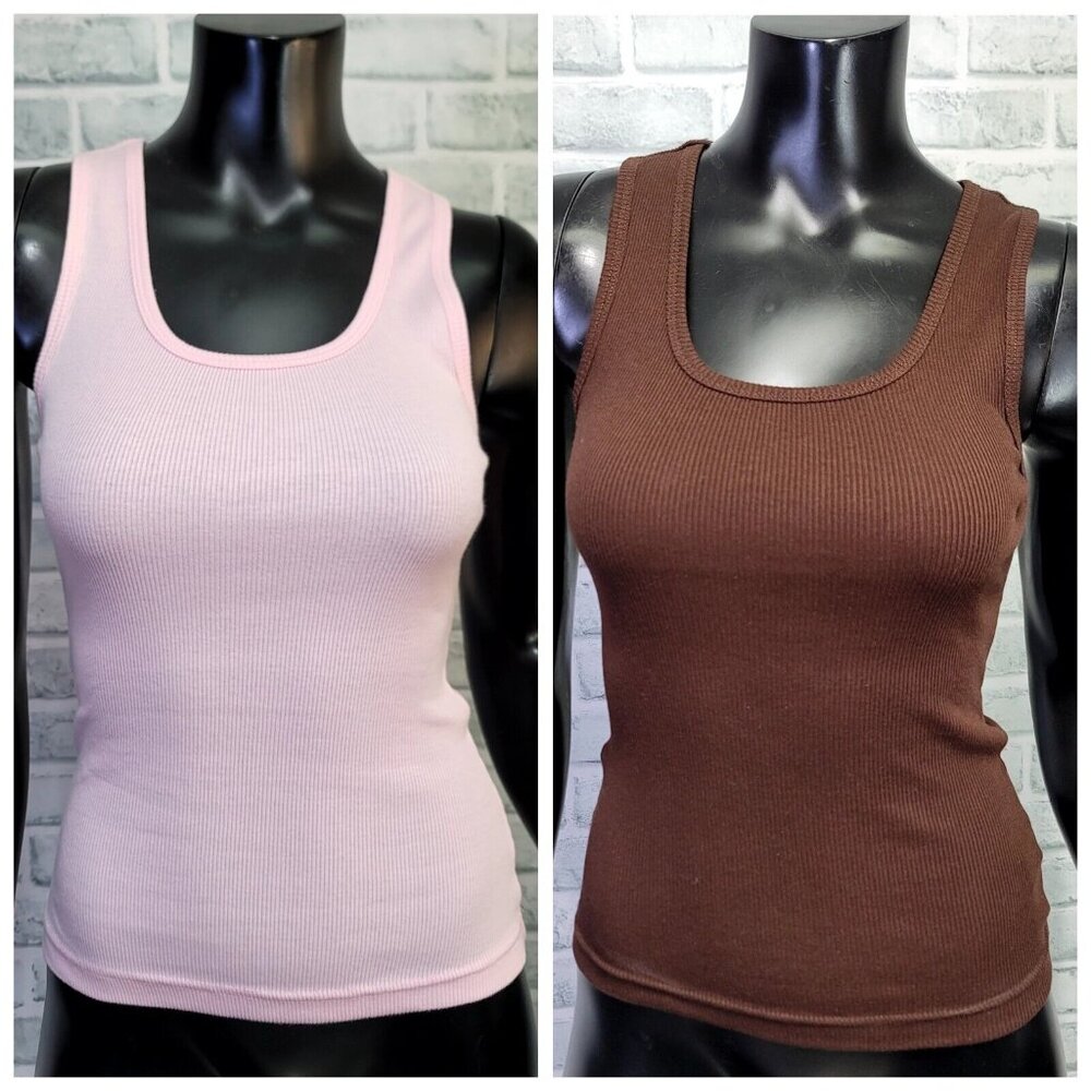 90s‎ Y2k Lot of 2 Kavio! M Brown Pink Ribbed Cotton Racerback Tank Top Fitted